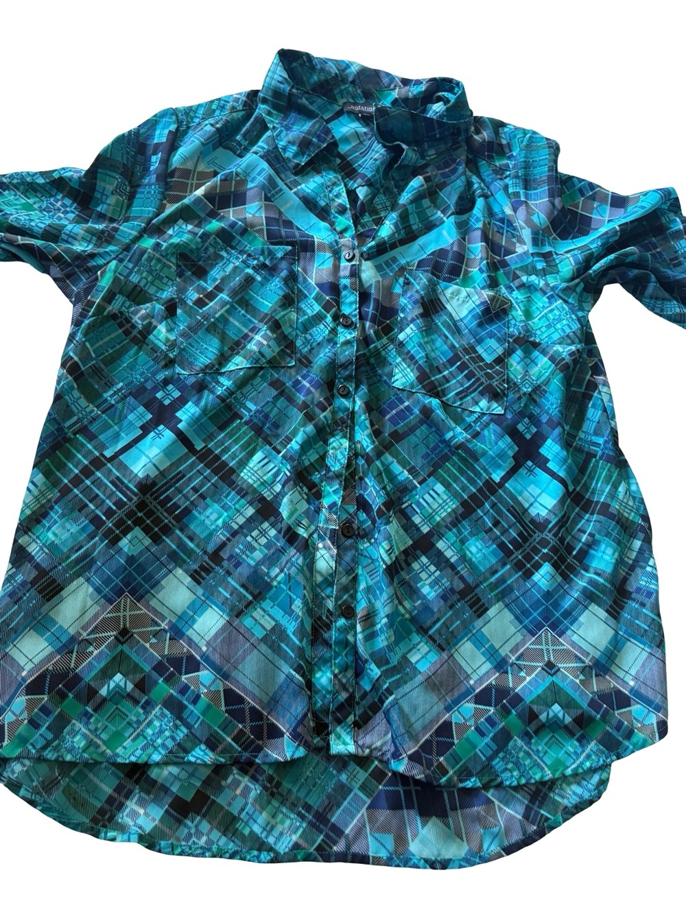 Notations Teal and Turquoise Patterned Button Blouse